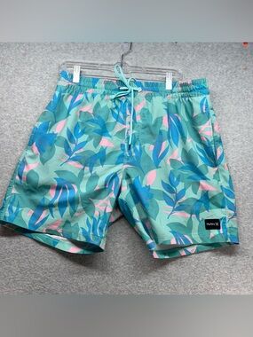 Hurley Men's Teal Aqua Tropical Leaf Swim Trunks